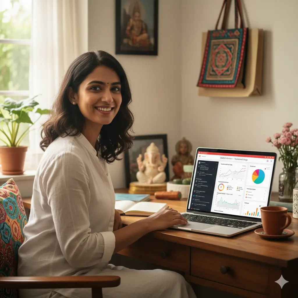 small business owner in India smiling while working on a laptop showing marketing dashboards